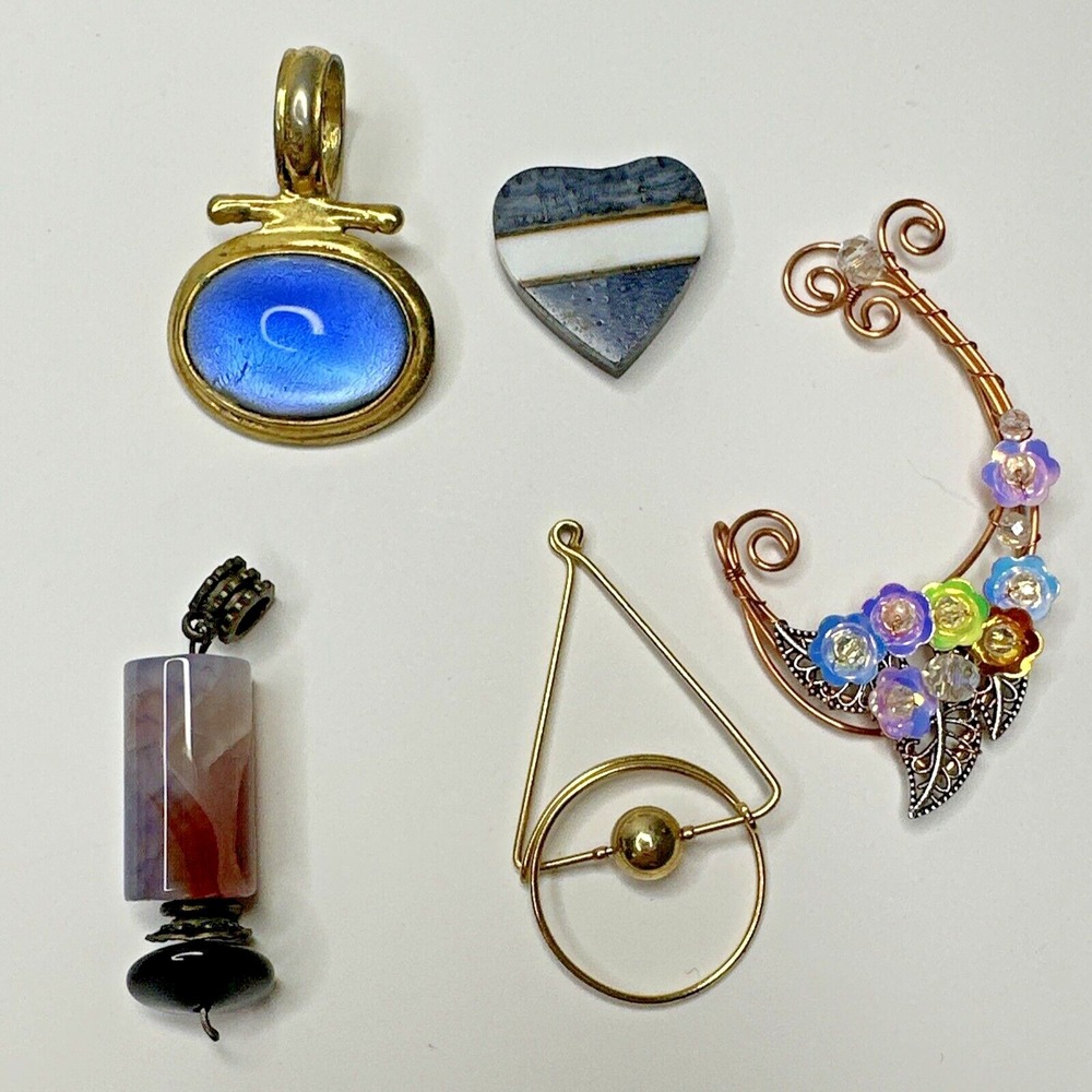 Pendant Blue CATS EYE HEART GEMSTONE AGATE GOLD TONE MIXED SET OF 5